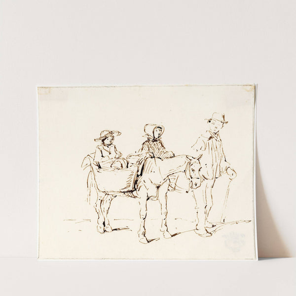 Twee kinderen op een ezel, geleid door een man by Pieter van Loon