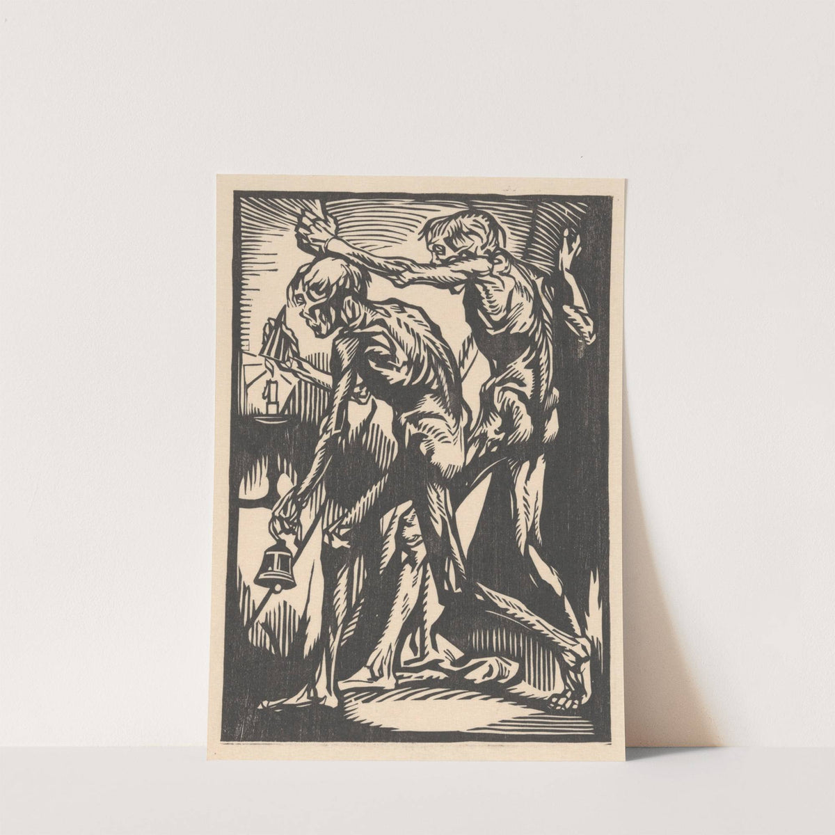 Twee naakte mannenfiguren met bel en kaarsendover by Johannes Josephus Aarts