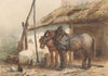 Twee paarden staand voor een stal