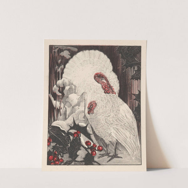 Twee witte kalkoenen bij hulsttakken in de sneeuw by Theo van Hoytema