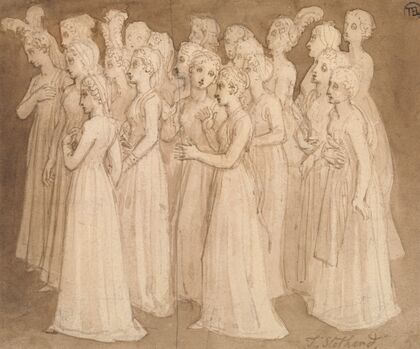 Twenty Young Girls in a Group Walking to the Left