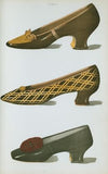 Two bronze shoes, and one shoe in black glacé kid