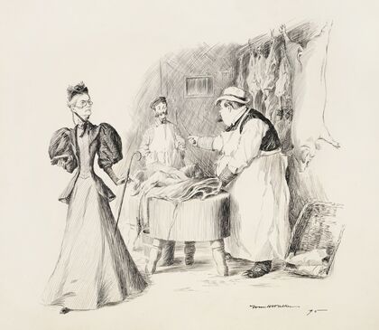 Two butchers argue in their shop, watched by a stern woman. (1896) — size preview