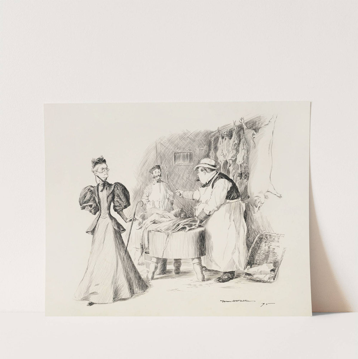 Two butchers argue in their shop, watched by a stern woman. (1896) by William Henry Walker