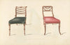 Two chairs with red, black cushions