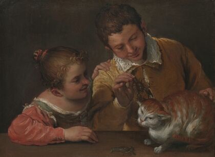 Two Children Teasing a Cat