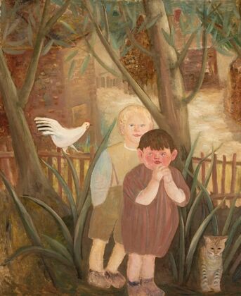 Two children with a cat