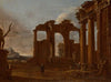 Two classical temples in ruins with statue, bas-relief and figures