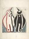 Two clown costumes, red and black