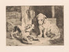 Two dogs near a lantern and plate of food