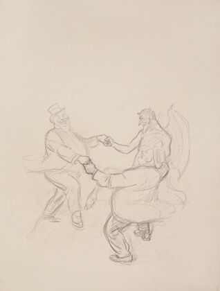 Two fat men in suits dance happily with a demon.