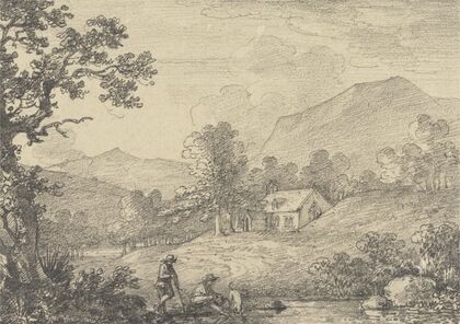 Two Figures by the Side of a Pond and a Church in a Hilly Landscape
