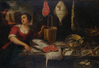 Two figures in a kitchen interior with a fish still life