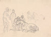 Two figures kneeling beside a horse…