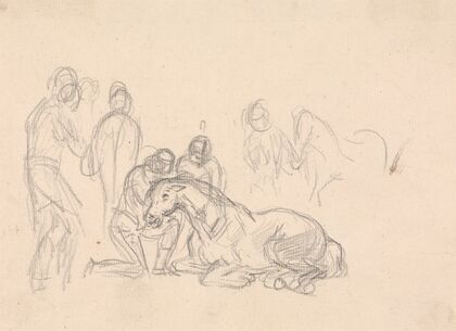 Two figures kneeling beside a horse…