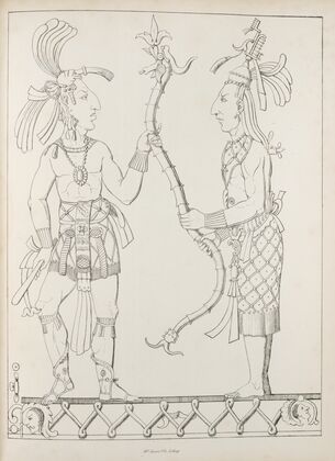 Two figures standing, facing each other and holding a long, serpentine object