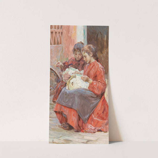 Two Girls Engaged in Needlework by Josef Engelhart