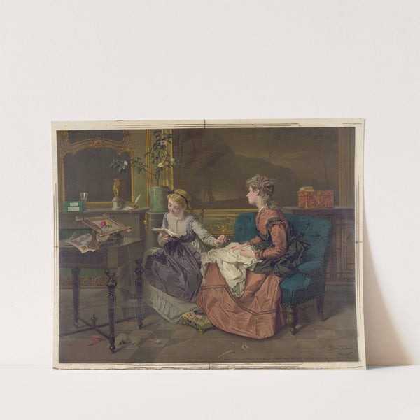 Two girls, one reading, one sewing (1873) by Edmund Foerster &amp; Co.