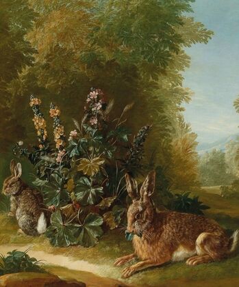 Two hares in a landscape,