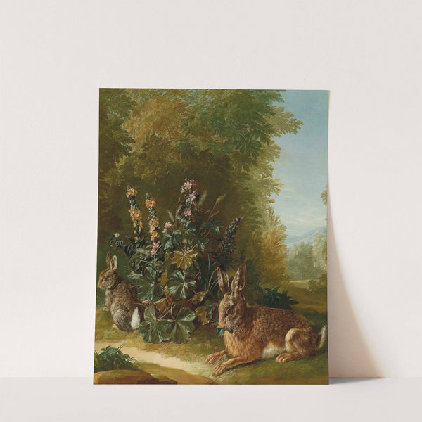 Two hares in a landscape by Jean Jacques Spoede