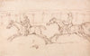 Two Horses Racing, Jockeys Up Railings in the Background