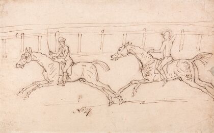 Two Horses Racing, Jockeys Up Railings in the Background