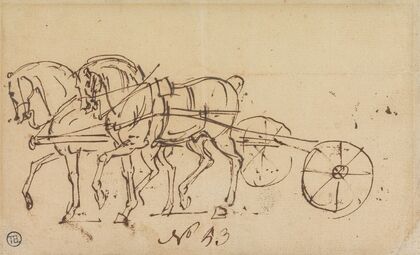 Two Horses Trotting in Harness