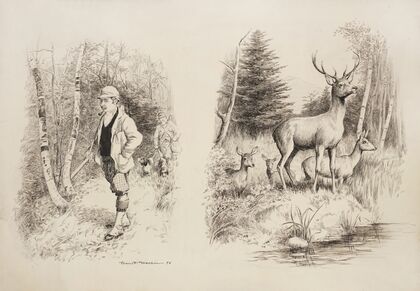 Two hunters walk through a forest (1896)