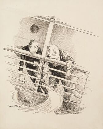 Two ill men lean on the railing of a ship. (1901)