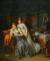 Two Ladies In An Interior Reading a Letter, With a Dog On a Bench Looking Into a Mirror