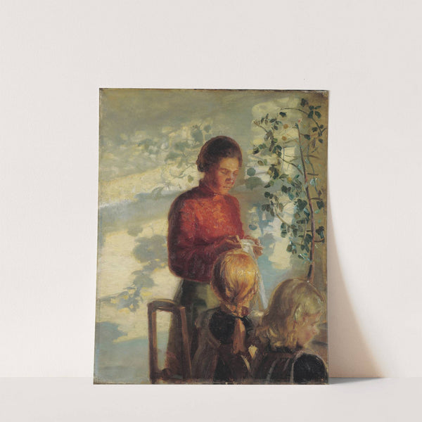 Two little girls being taught how to sew (circa 1910) by Anna Ancher