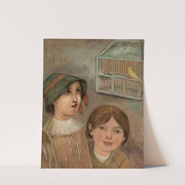 Two little girls beside a cage with a canary by Tadeusz Makowski