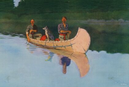 Two men and a dog in a canoe (1908)