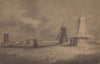 Two men conversing in a field, windmills, buildings, and a body of water beyond