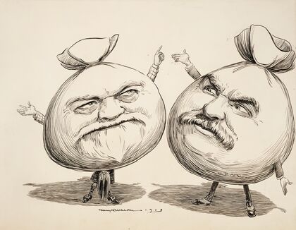 Two men depicted as giant bags of money. (1903)