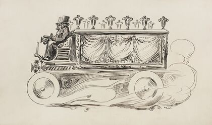 Two men driving a hearse. (1902)
