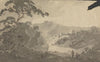 Two Men Looking Into Landscape with Castle, River and Mountain Scene