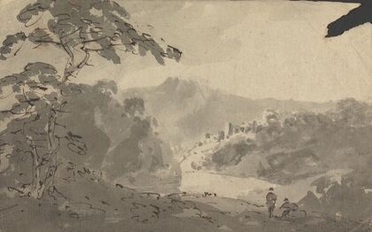 Two Men Looking Into Landscape with Castle, River and Mountain Scene