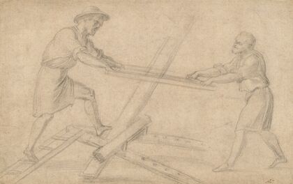 Two men sawing a plank