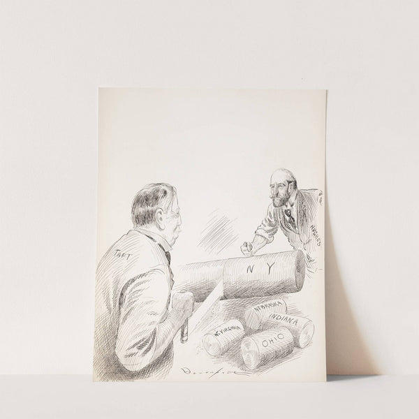 Two men, Taft and Hughes, saw chunks off of a log by Homer Davenport