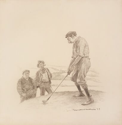 Two men watch a third about to swing a golf club. (1900)