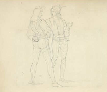 Two men wearing tights, doublets, belts with purses, and hats, Lucan Signorelli de Cartona 1439