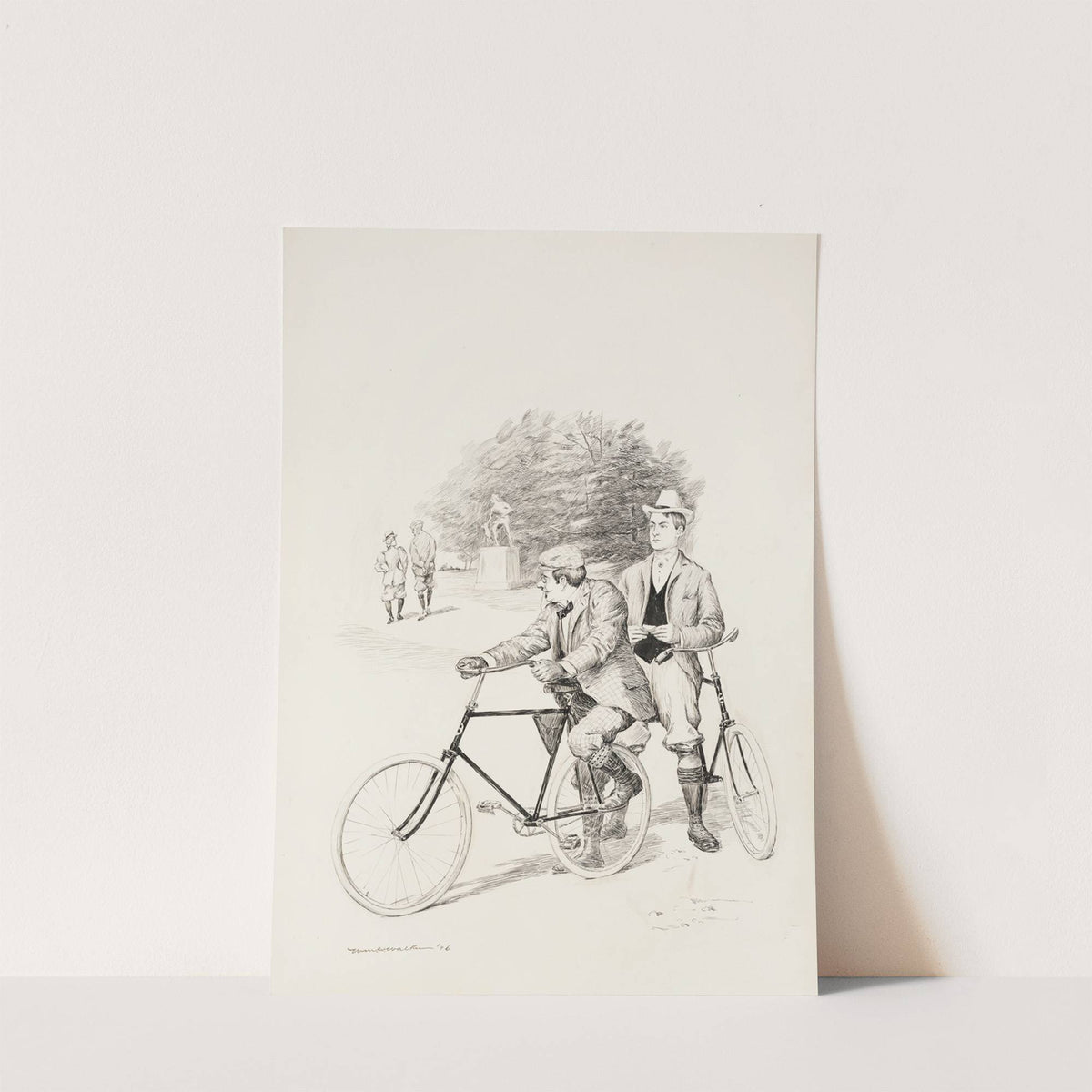 Two men with bicycles in a park. (1896) by William Henry Walker