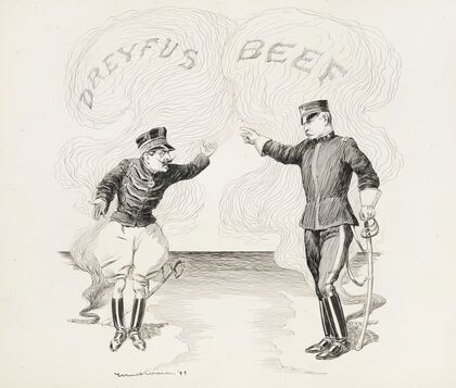 Two military men, one from France and the other from the U.S., confront each other over scandals in the other’s country while disregarding their own (1899) — size preview