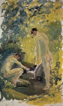 Two Nude Young Men in a River in the Woods