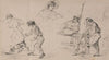 Two peasants resting on a fence; a woman; two children playing with a dog