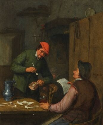 Two peasants smoking, drinking and reading at an inn