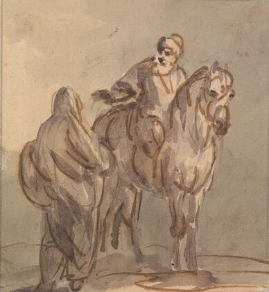 Two People: One Standing, One Seated on a Horse