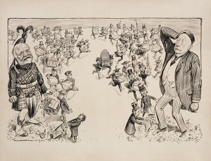 Two philanthropists, one of them Andrew Carnegie, cry as small angry people bring back their gifts and reject them (1905)