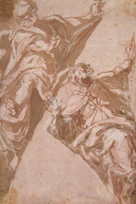 Two Seated Male Figures Within Spandrels